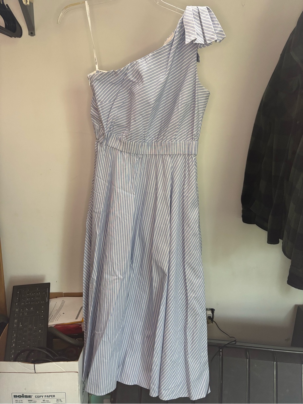 Calvin Klein Light Blue & White One-Shoulder Striped Midi Dress
